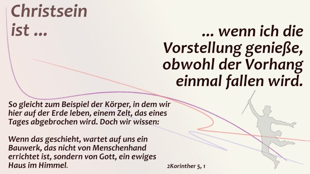 Roy Breidenbach nutzt das Bild des „letzten Vorhangs“, um Hoffnung in der Vorstellung vom Tod zu wecken. Im christlichen Glauben ist der Tod kein Abspann, sondern Übergang. Jesu Tod zerreißt den Vorhang – von oben nach unten. Die Auferstehung bedeutet: Der Applaus kommt. Das Leben hier ist nur die Generalprobe – unperfekt, aber voller Vertrauen auf den großen Regisseur. Eine Perspektive, die das Heute schon verändert.