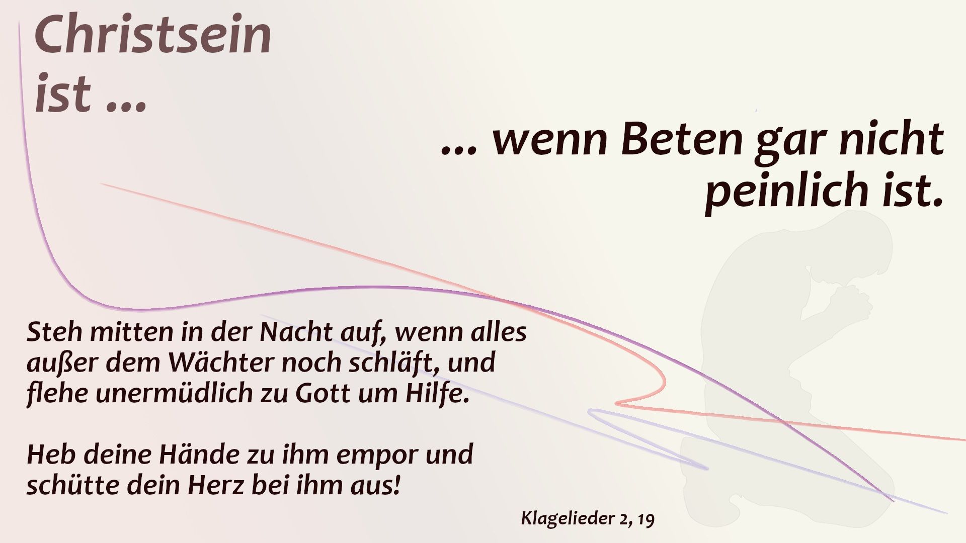 Roy Breidenbach beschreibt das Gebet nicht als naive Flucht, sondern als heilsamen Dialog. Wer betet, sorgt für seine seelische Gesundheit. Gott hört zu – nicht aus der Ferne, sondern aus Erfahrung durch Jesus Christus. Es ist nicht peinlich zu beten, sondern mutig, ehrlich und heilend. Der falsche Stolz, alles allein schaffen zu wollen, macht krank – Gebet heilt.